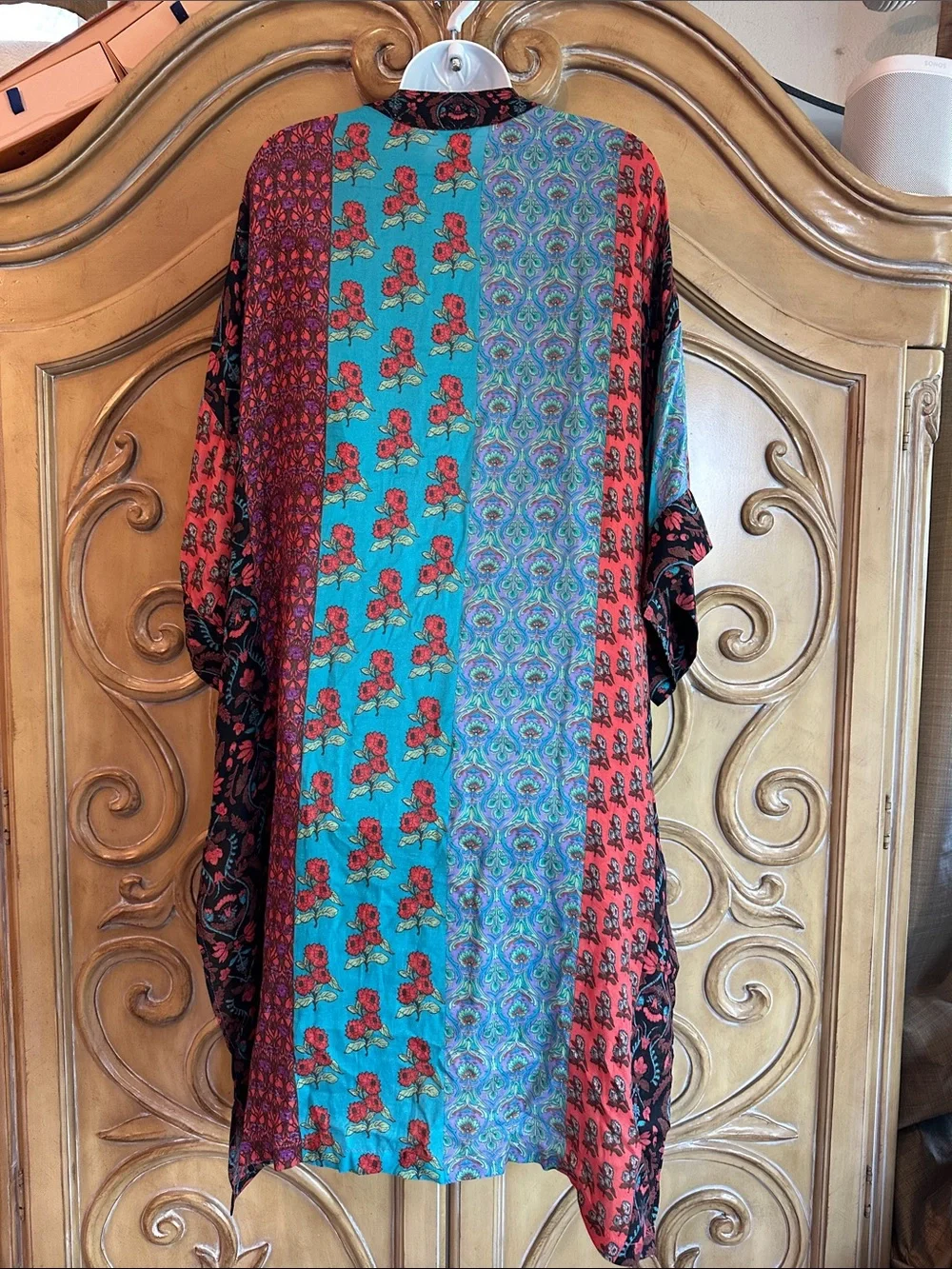 Boho Patchwork Kimono Cardigan - Teal, Red, Black